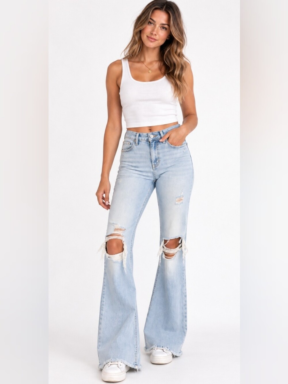 Free People Light Blue Distressed Flare Jeans
